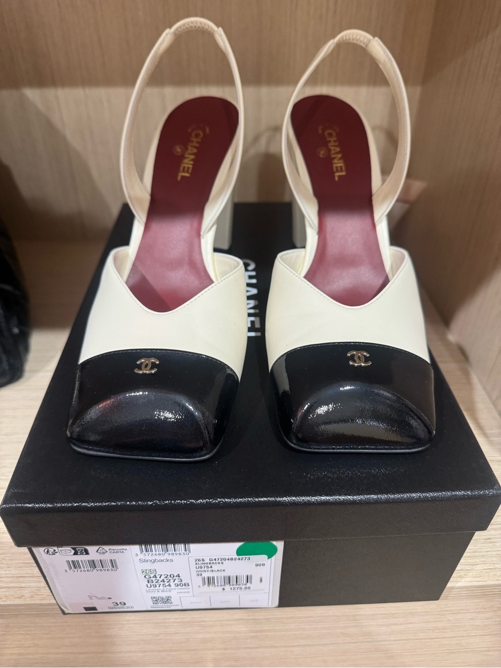 CHANEL White and Black Two-Tone Slingback Block Heel Pumps